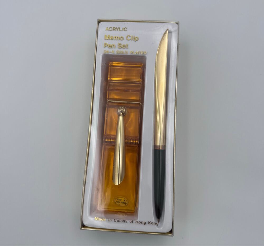 Vintage 80s 24K Gold Plated Acrylic Memo Clip Pen Set NIB  Colony of Hong Kong